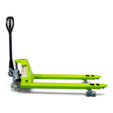 Wide fork 3000kg pallet truck in lime green with 685 x 1200mm forks