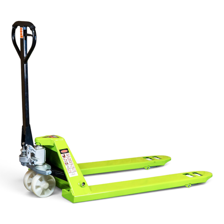 Wide fork 3000kg pallet truck in lime green with 685 x 1200mm forks