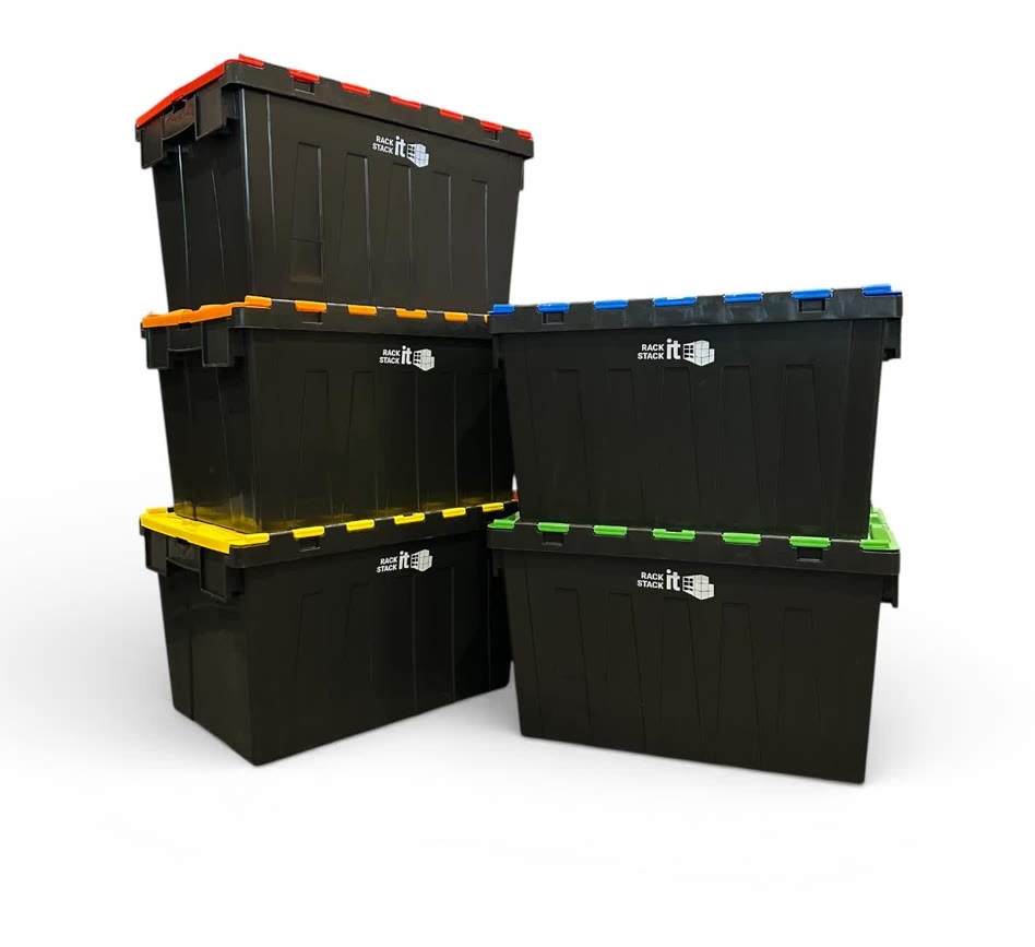 Rack It Stack It 5-pack heavy-duty 63-litre storage tote box bundle, showing red, orange, yellow, green and blue clip-close lids.