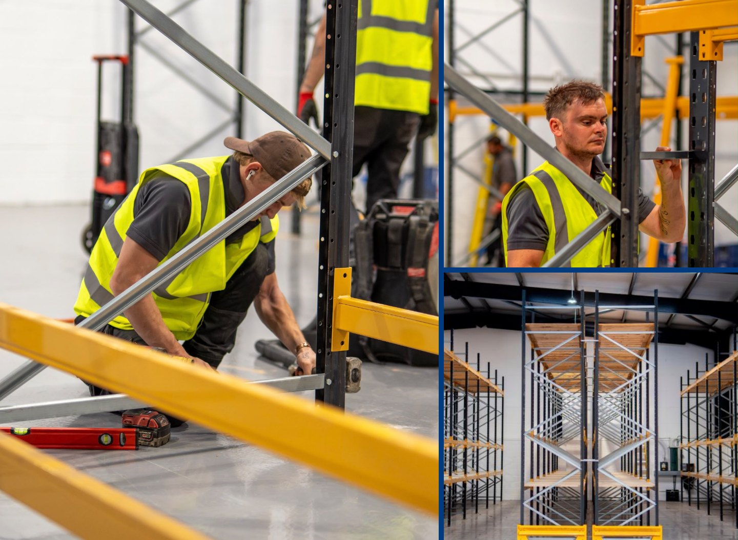 Rack It Stack It installers assembling pallet racking frames and a completed racking run with end barriers