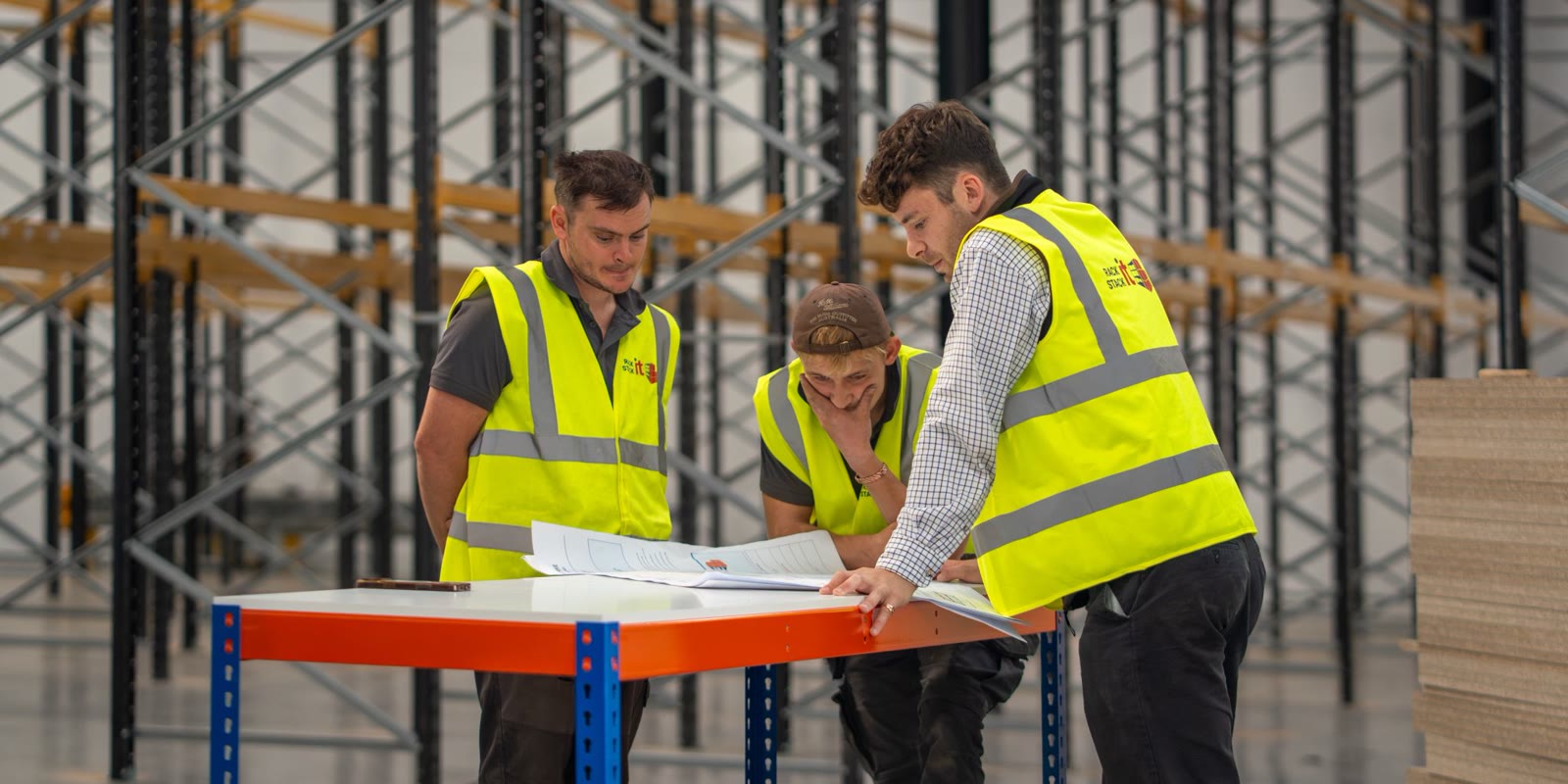 Rack It Stack It installers reviewing the CAD layout drawing on site in front of newly installed pallet racking