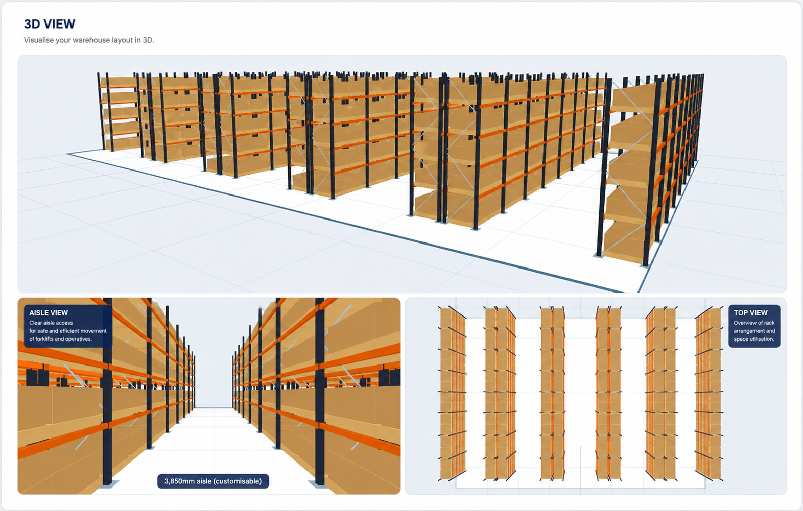 3D warehouse preview showing the footprint and pallet racking runs