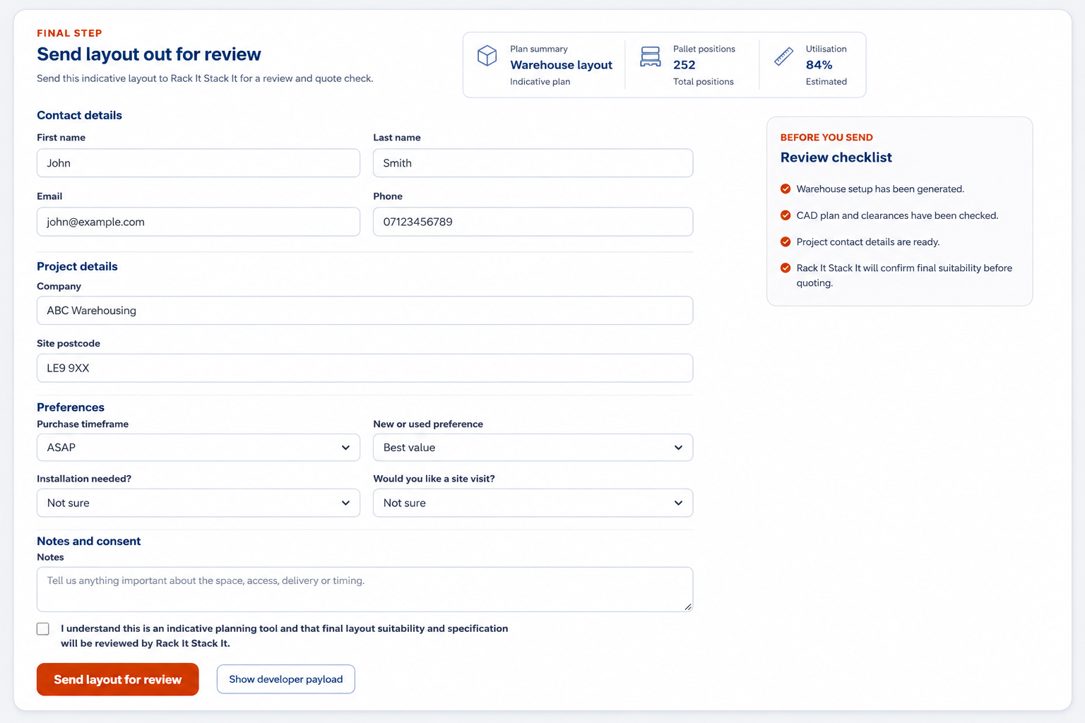 Structured send for review screen containing plan details and quote information
