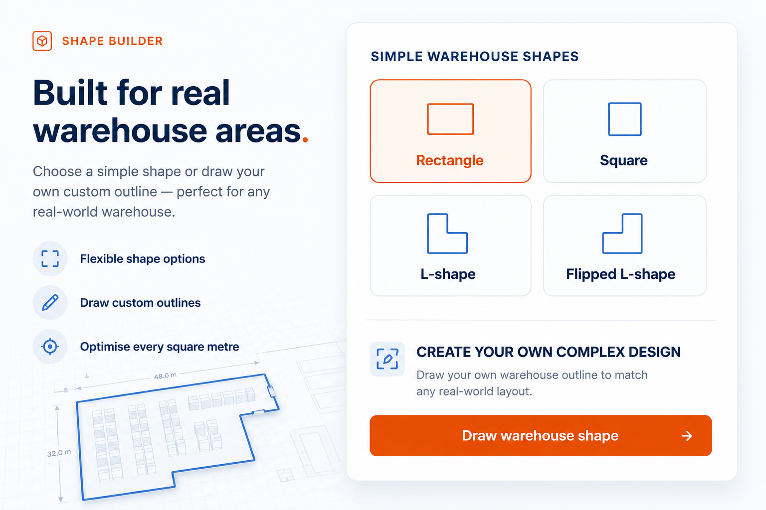 Warehouse shape builder showing racking area presets and dimensions