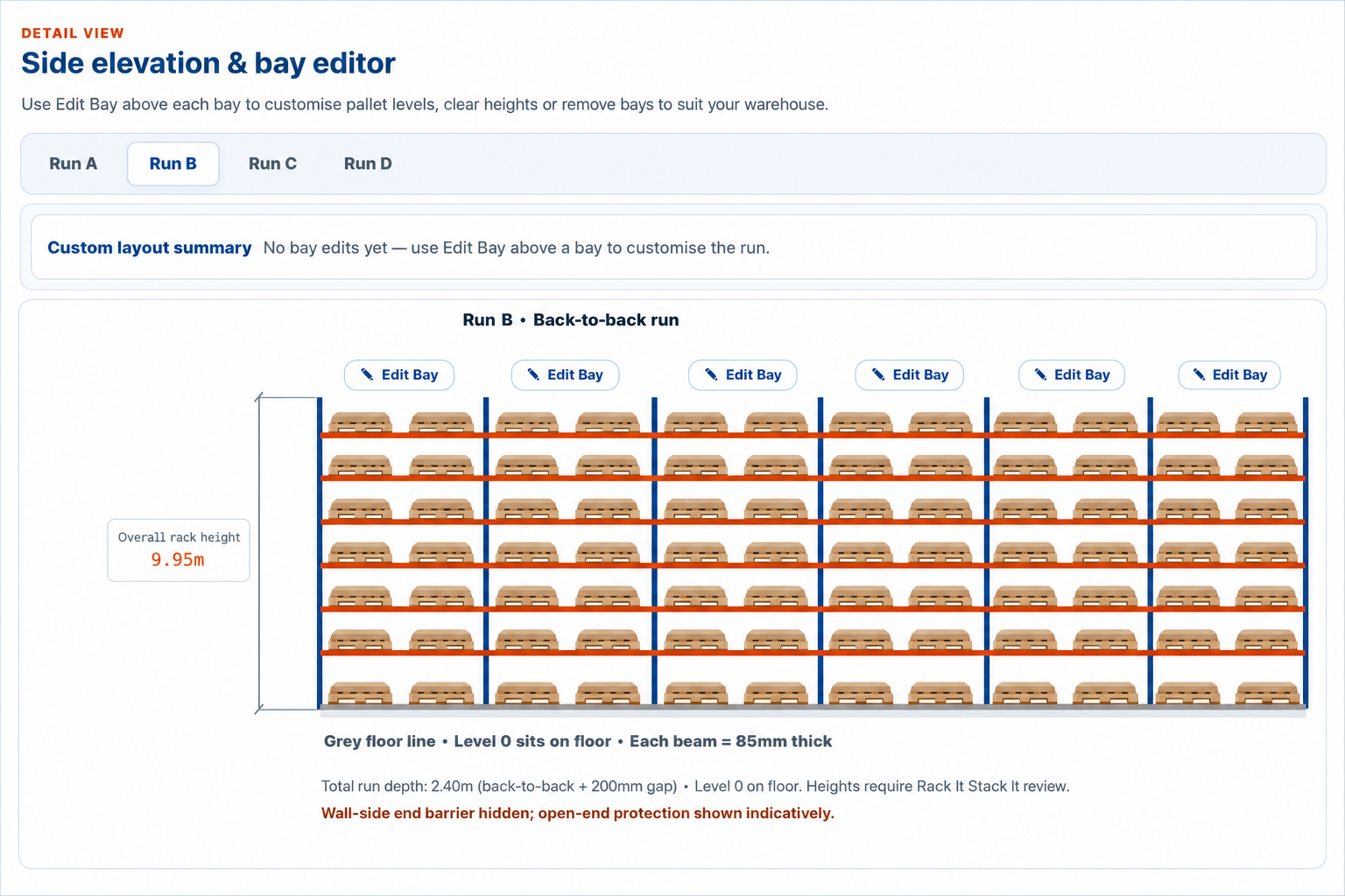 Side view bay editor showing beam levels, pallet levels and clearance checks