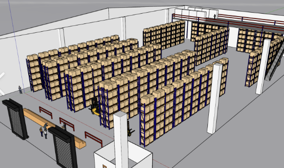 3D perspective view of warehouse racking layout